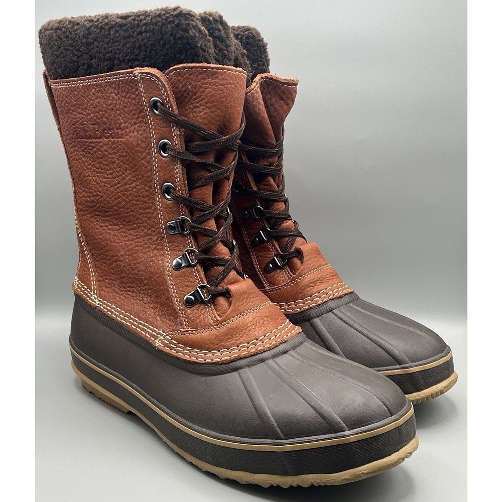 LL Bean Brown Leather Removable Wool Liner Tall Duck Snow Boots - Men's Size 12